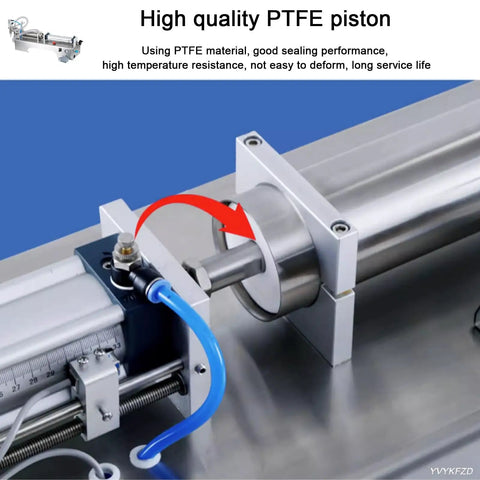 Close-up of Slick Stainless Steel Pneumatic Piston Bottle Filler Machine Dual Head Automatic Manual Mode Liquid Dispenser with PTFE piston.