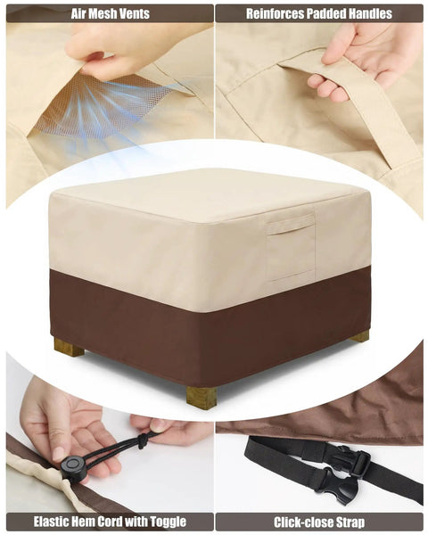 Square Patio Ottoman Cover Waterproof Outdoor Shield With Padded Handles Beefed Up Heavy Duty Fit For Small Beige Brown Ottomans And Side Tables UV Stabilized 600D Oxford Fabric with air vents and reinforced handles.