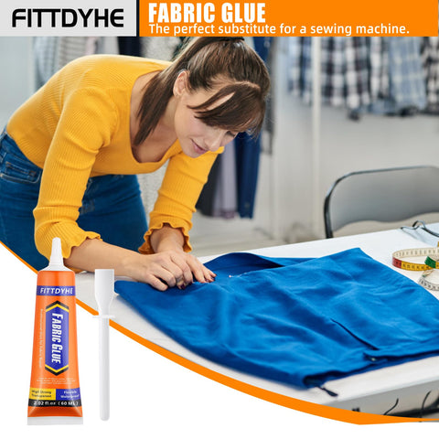 Woman using Permanent Fabric Glue 60 ML Washable Clear Clothing Glue For Rhinestones Patches Clothes Denim Leather Polyester Fabrics And Doll Repair Quick Strong Hold No Sew Without Needle And Thread on blue fabric