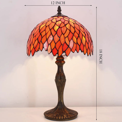 Stained Glass Tiffany Style Table Lamp With Red Wisteria Design, 12 Inch Shade, 18 Inch Tall, Antique Green Bronze Base, Cord Switch, UL Listed Bedroom Living Room Desk Lamp For Reading.