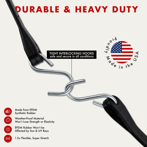 Heavy Duty Rubber Bungee Cords With Hooks 21 Inch Pack Of 30 Made In USA Tarp And Cargo Straps with interlocking hooks