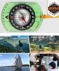 Orienteering Compass For Hiking And Navigation With Magnifying Glass And Ruler Trail Ready Lightweight Field Compass With 1:25000 Scale And Inch And Metric Readouts For Precise Map Reading And Survival Prep, shown with outdoor activity images like camping and cycling.