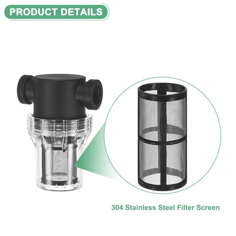 2 Pack 100 Mesh Stainless Steel Filter Screens For Water Pumps And Hoses Reusable Inline Sediment Filter Replacement For T Strainers Pressure Washers RVs Garden Hoses Black showing detailed mesh screen close-up and filter casing
