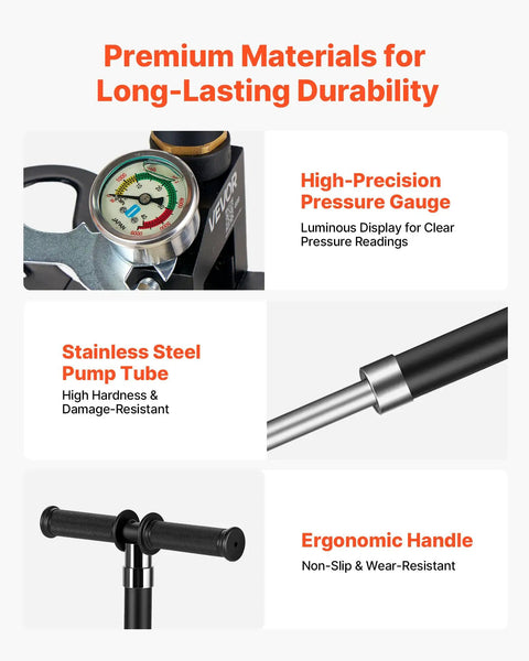 4-Stage High-Pressure PCP Hand Pump For Air Rifles, Paintball, And Tires, 5800 PSI, 40 MPa, highlighting pressure gauge and handle.