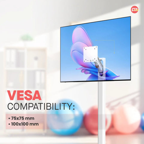 Side view of monitor on Mobile Floor Stand For Monitors And TVs Up To 35 Inches Weighing 22 Lbs With Anti Knockdown Base and VESA compatibility.