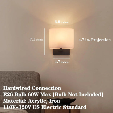 AuroraSpher Indoor Hardwired Modern Milky White Acrylic Black Wall Sconce on wall showing dimensions, perfect for modern decor.