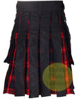 Men's Black MacLachlan Hybrid Kilt With Leather Straps And Detachable Cargo Pockets Hella Comfy 100 Cotton Build Featuring Fast Snaps And Heavy Chain Details For A Top Shelf Streetready Fit 42 Inch, view of the front with pleats.