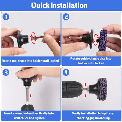 Instructions for installing the 53 Piece Quick Change Strip Disc Set For Drill And Die Grinder Two Inch Diamond Stripping Discs