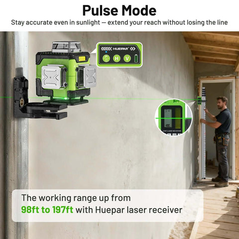 Huepar 360-degree laser level with LCD display, magnetic bracket, green laser line on construction wall
