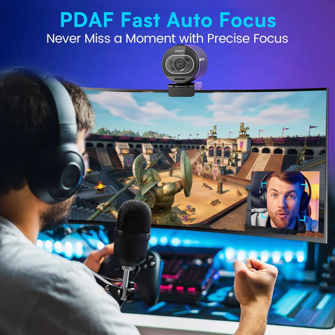 Next Level 4K Webcam Featuring Sony Sensor And Smart Autofocus For Streamers And Content Creators Boasting 1080p At 60fps capturing a gamer with headset.