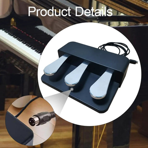 Three Pedal Sostenuto Sustain Pedal Board For MIDI Controllers And Digital Pianos, Silent Soft Action, close-up with cable