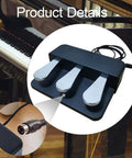 Three Pedal Unit Soft Sostenuto Sustain Pedal for electric pianos with plug-in cable detail, shown against a piano backdrop.
