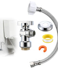 Heavy Duty Half Inch Toilet Angle Shut Off Valve Kit With 12 Inch Supply Line Plug And Play Setup components including brass valve and hose.