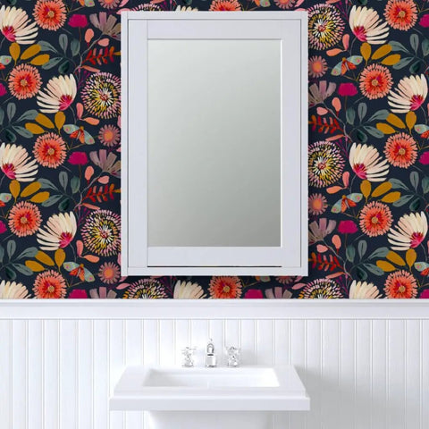 Custom Printed Colorful Blue Floral Vinyl Wallcovering Featuring Subtle Leather Texture Paste Apply Built Tough Commercial Grade Decor Roll For Offices Hotels And Restaurant Spaces Certified Favorite with white framed mirror above sink.