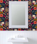 Custom Printed Blue Floral Wallpaper Matte Linen Texture PVC-Free Type II Heavy Duty Pro Grade Wall Covering with mirror above sink.