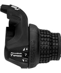 Close-up of 7 Speed Bike Shifter With Thumb Button And Downshift Lever Revoshift Right SL RS25 7R for MTB, foldable design.