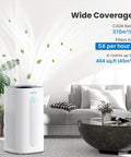 Living room with air purifier promoting wide coverage and air filtration performance, compatible with RM003.
