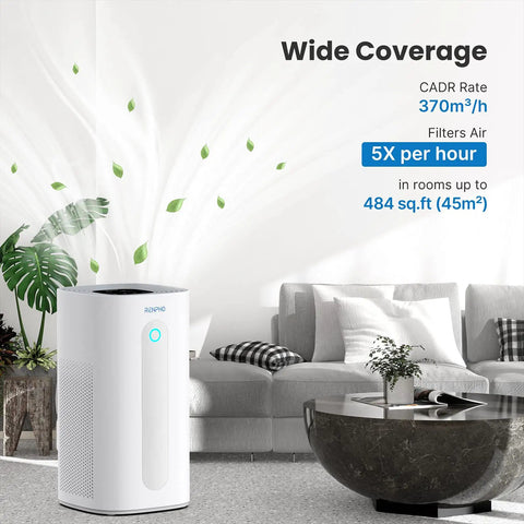 Living room with air purifier promoting wide coverage and air filtration performance, compatible with RM003.