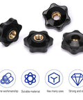 Four black star-shaped 1/4-20 clamping knobs with brass threaded inserts for jig and T-track use