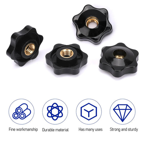 Four black star-shaped 1/4-20 clamping knobs with brass threaded inserts for jig and T-track use