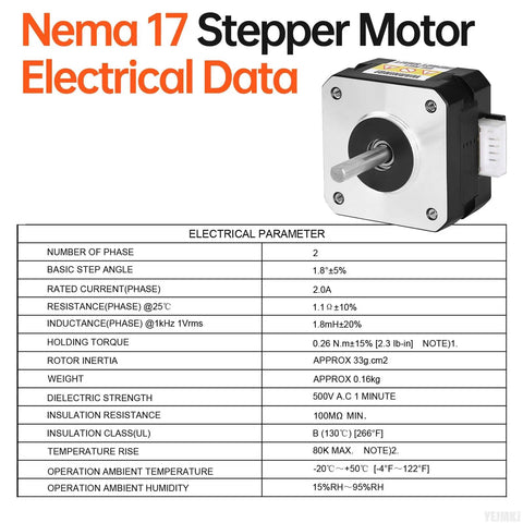 5 Pack Nema 17 Stepper Motors 2 Phase 1.8 Degree Dope High Torque Bipolar 0.26Nm with electrical specifications table