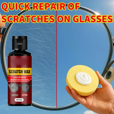 Lens Scratch Remover For Glasses And Eyewear 30g Multi Use Cleaner showing scratch repair on glasses with bottle and sponge.