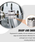 Heavy Duty Tungsten Carbide Tct Hole Saw Beast That Chews Through Stainless Steel And Titanium Quick Cut Two One Fourth Inch 57Mm Diameter Cutting depth showcased in action drilling into metal.