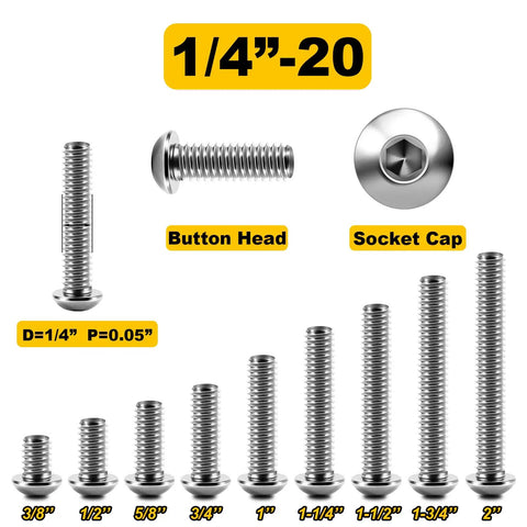1/4-20 Stainless Steel Bolt Kit With Nuts, Washers, And Fully Threaded Button Head Socket Cap Bolts, various lengths shown