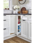 Open white kitchen cabinet showing Pie Cut Dual Tier Lazy Susan Organizer For Corner Base Kitchen Cabinets White Plastic Rotating Shelves 24 Inch Wide Two Shelf Turntable Storage Easy Inside Cabinet Install For Maximum Pantry Space.