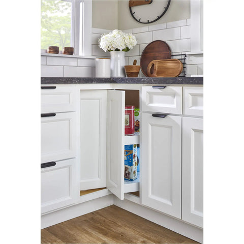 Open white kitchen cabinet showing Pie Cut Dual Tier Lazy Susan Organizer For Corner Base Kitchen Cabinets White Plastic Rotating Shelves 24 Inch Wide Two Shelf Turntable Storage Easy Inside Cabinet Install For Maximum Pantry Space.