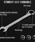 Image of a 72 Tooth ratcheting wrench from the Superb 12 Piece Ratchet Wrench Set Metric 6 To 18mm with chrome vanadium steel.
