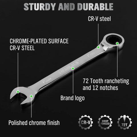 Image of a 72 Tooth ratcheting wrench from the Superb 12 Piece Ratchet Wrench Set Metric 6 To 18mm with chrome vanadium steel.