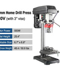 Image of Heavy Duty Benchtop Drill Press With Five Eighth Inch Chuck And 220 Volt Copper Motor, featuring motor specs and dimensions.
