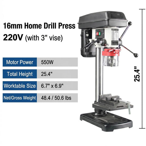 Image of Heavy Duty Benchtop Drill Press With Five Eighth Inch Chuck And 220 Volt Copper Motor, featuring motor specs and dimensions.