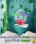 Cartoon monster in toilet promoting cleanliness with NViroClean text and cleaning product
