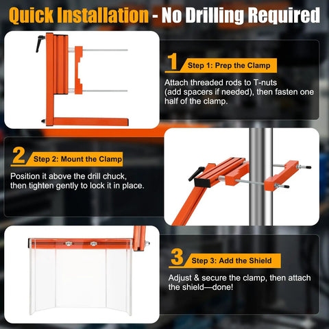 Installation steps for Heavy Duty Drill Press Guard For Big Floor Models with safety shield and adjustable clamp on round columns.