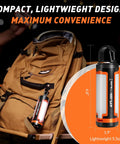 Portable USB Rechargeable Camping Lanterns clipped to a brown backpack, showing compact size and lightweight design.