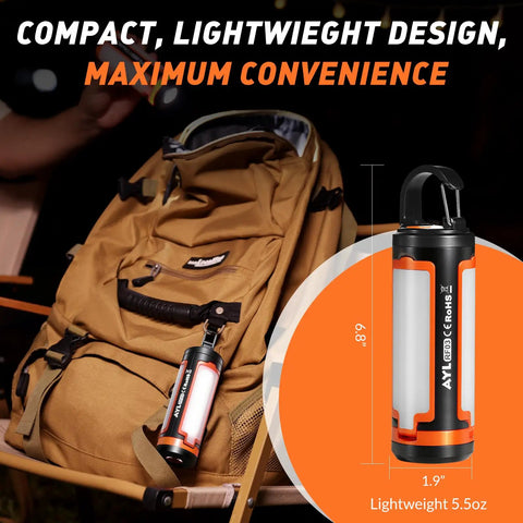 Portable USB Rechargeable Camping Lanterns clipped to a brown backpack, showing compact size and lightweight design.
