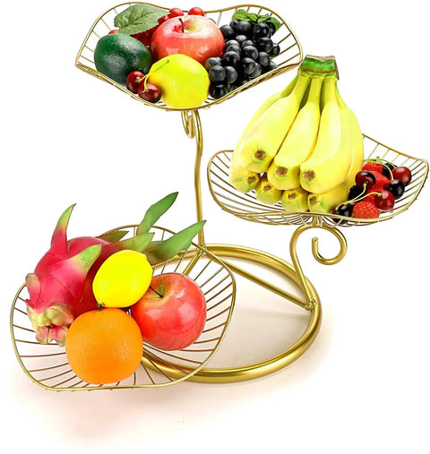 3 Tier Fruit Basket Stand With Ventilated Metal Wire Trays Modern Iron Fruit Holder For Kitchen Countertop holding assorted fruits