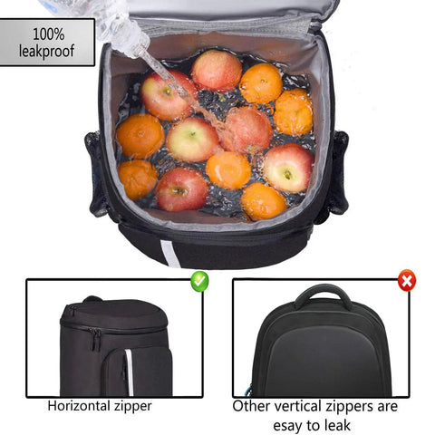 Leakproof Insulated Backpack Cooler Bag For Work Or Play Grab And Go Lightweight Waterproof 30 Can Capacity showing leakproof test with fruits