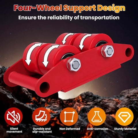Heavy Duty Machine Skates 4-Pack Move Massive Loads With Ease. Image of four-wheel support design with red rollers for stability.