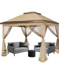 13 X 13 Pop Up Canopy Tent With Mosquito Netting, Center Lock Quick Setup, Wheeled Storage Bag, Instant Outdoor Gazebo, Khaki