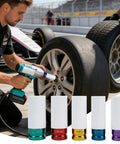 Mechanic using Easy-Grip Thin Wall Wheel Nut Socket Set for wheel change with 5-piece 15, 17, 19, 21, 22mm sockets displayed