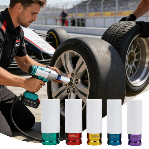 Mechanic using Easy-Grip Thin Wall Wheel Nut Socket Set for wheel change with 5-piece 15, 17, 19, 21, 22mm sockets displayed