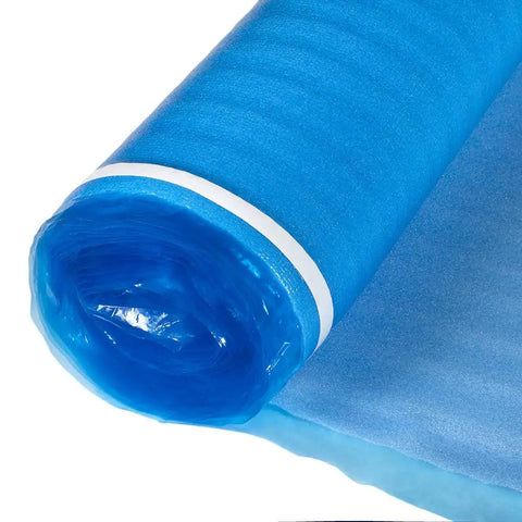 Heavy Duty 3In1 Vapor Barrier Flooring Underlayment 2Mm Thick With SelfSealing Tape Strip covers rolled up in blue for installation.
