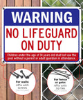 No Lifeguard On Duty Pool Sign For Safety, 10x14 Inch Aluminum, Rust Free And Fade Resistant, Installed on fence next to wooden wall