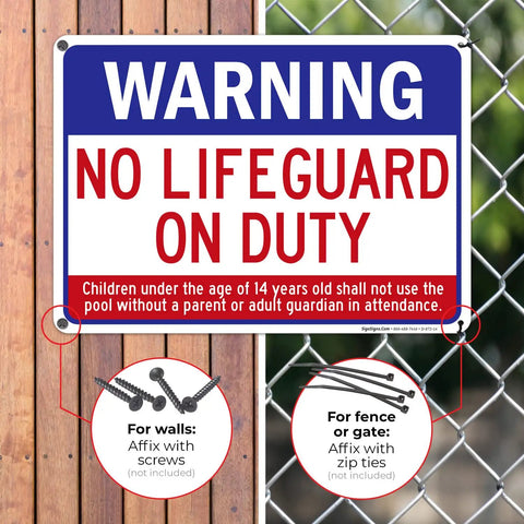 No Lifeguard On Duty Pool Sign For Safety, 10x14 Inch Aluminum, Rust Free And Fade Resistant, Installed on fence next to wooden wall