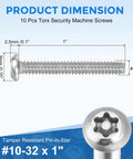 Superior 304 Stainless Steel Torx Security Machine Screws In 10-32 By One Inch Size with dimensions displayed.