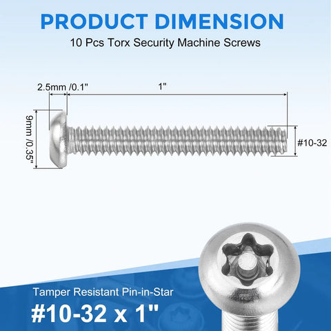 Superior 304 Stainless Steel Torx Security Machine Screws In 10-32 By One Inch Size with dimensions displayed.