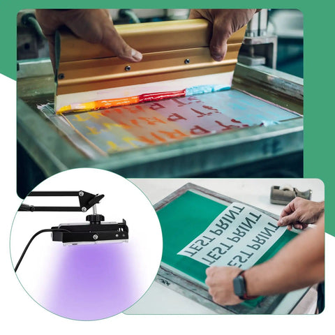 Squeegee and 50W LED UV Screen Printing Exposure Unit with Retractable Adjustable Stand used for emulsion curing on screen print.